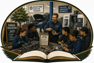 Graphic of a Teacher teaching auto shop with a CNC machine in the background.