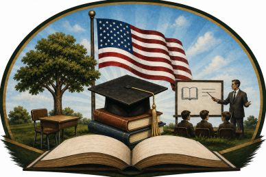 Graphic of the American flag and a Teacher teaching.
