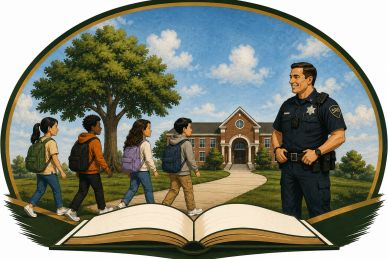 Graphic of students walking to school while a School Resource Officer ensures their safety.