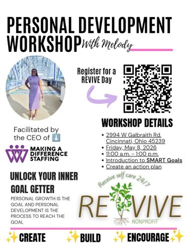 Personal development workshop flyer with registration QR code and details.