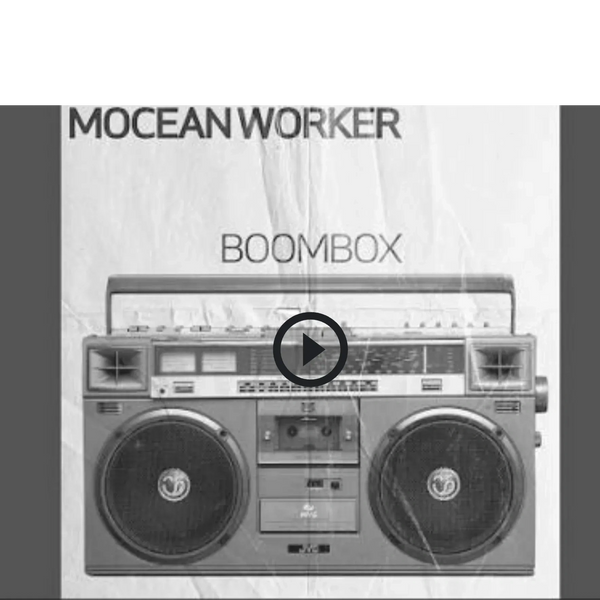 Vintage boombox image with text 'MOCEAN WORKER' and 'BOOMBOX'.