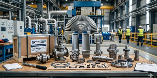 Industrial metal parts and tools arranged on a table in a factory setting.