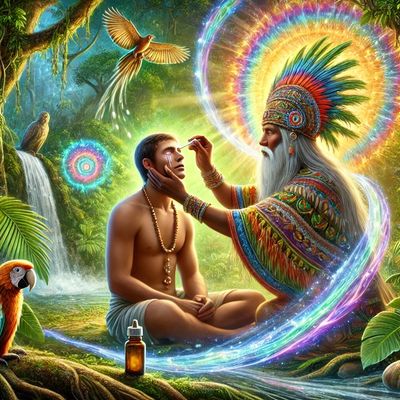 A mystical shaman applies a spiritual mark on a seated man in a vibrant jungle.