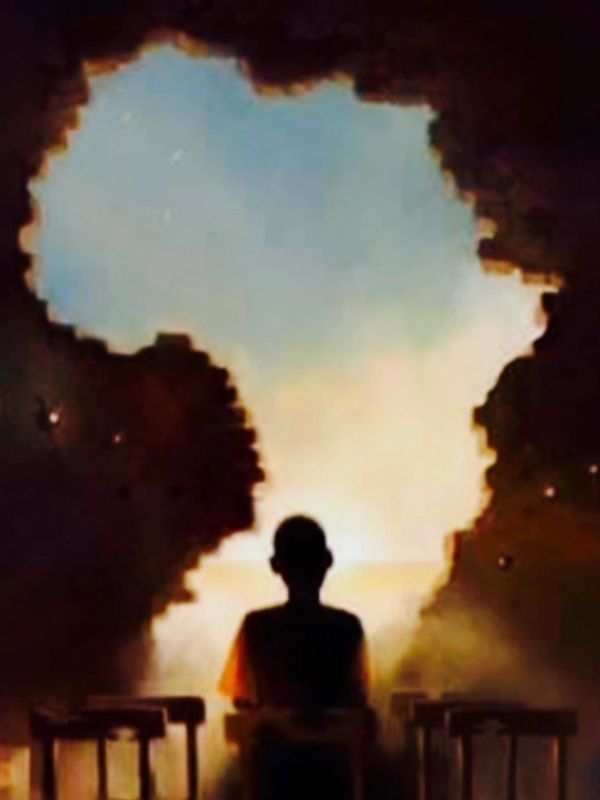Silhouette of a person facing a hole shaped like Africa.