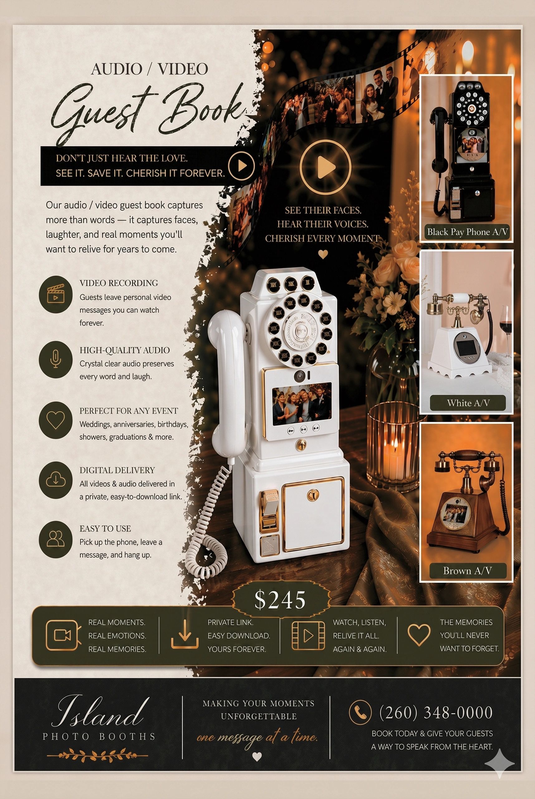 Vintage-style audio/video guest book phones for capturing memorable moments at events.