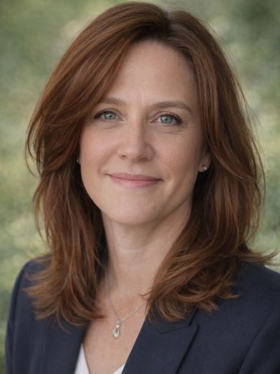 Professional woman with red hair smiling gently outdoors.