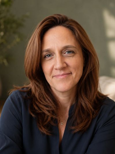 Smiling woman with brown hair in cozy indoor setting.