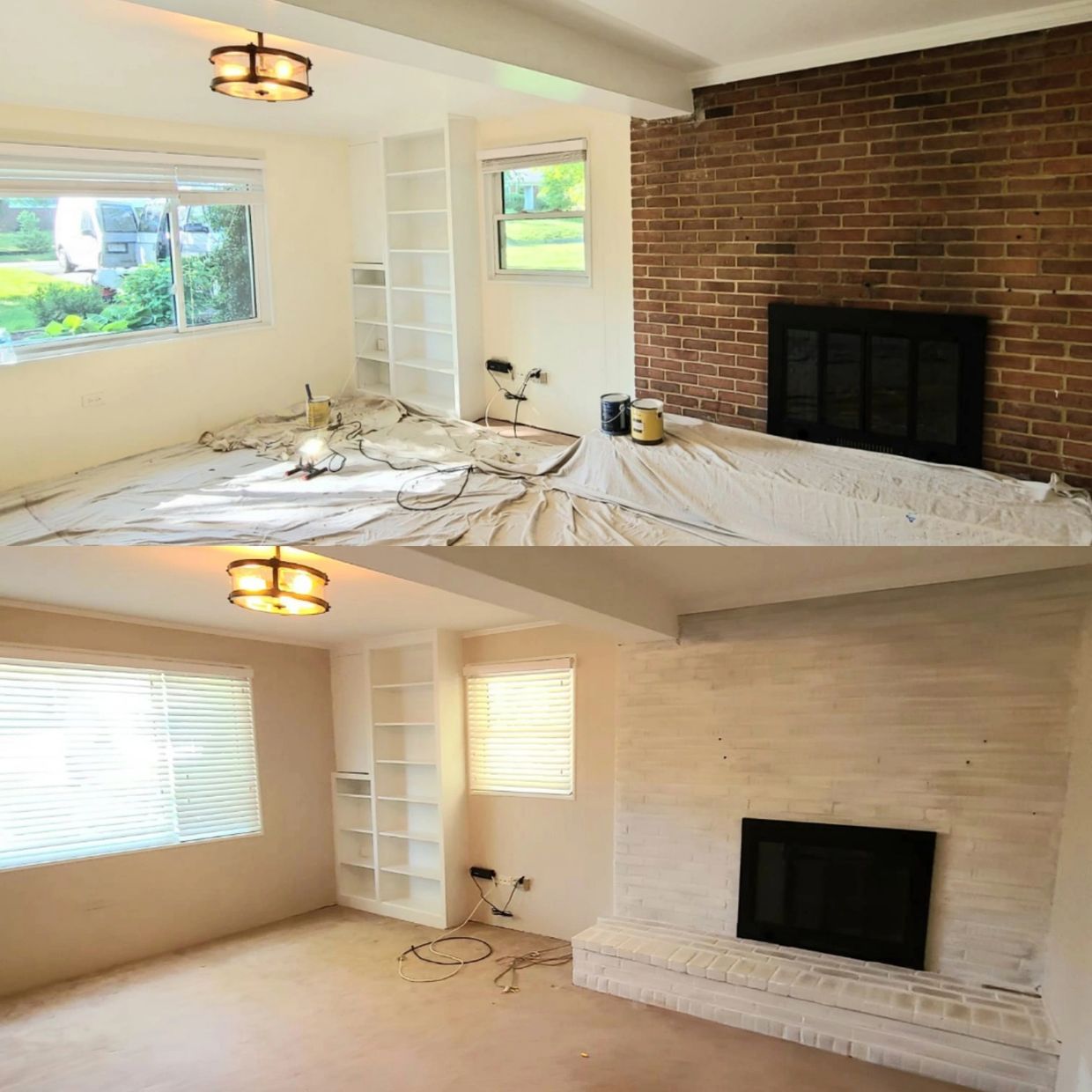 Living room before and after painting the brick fireplace white.