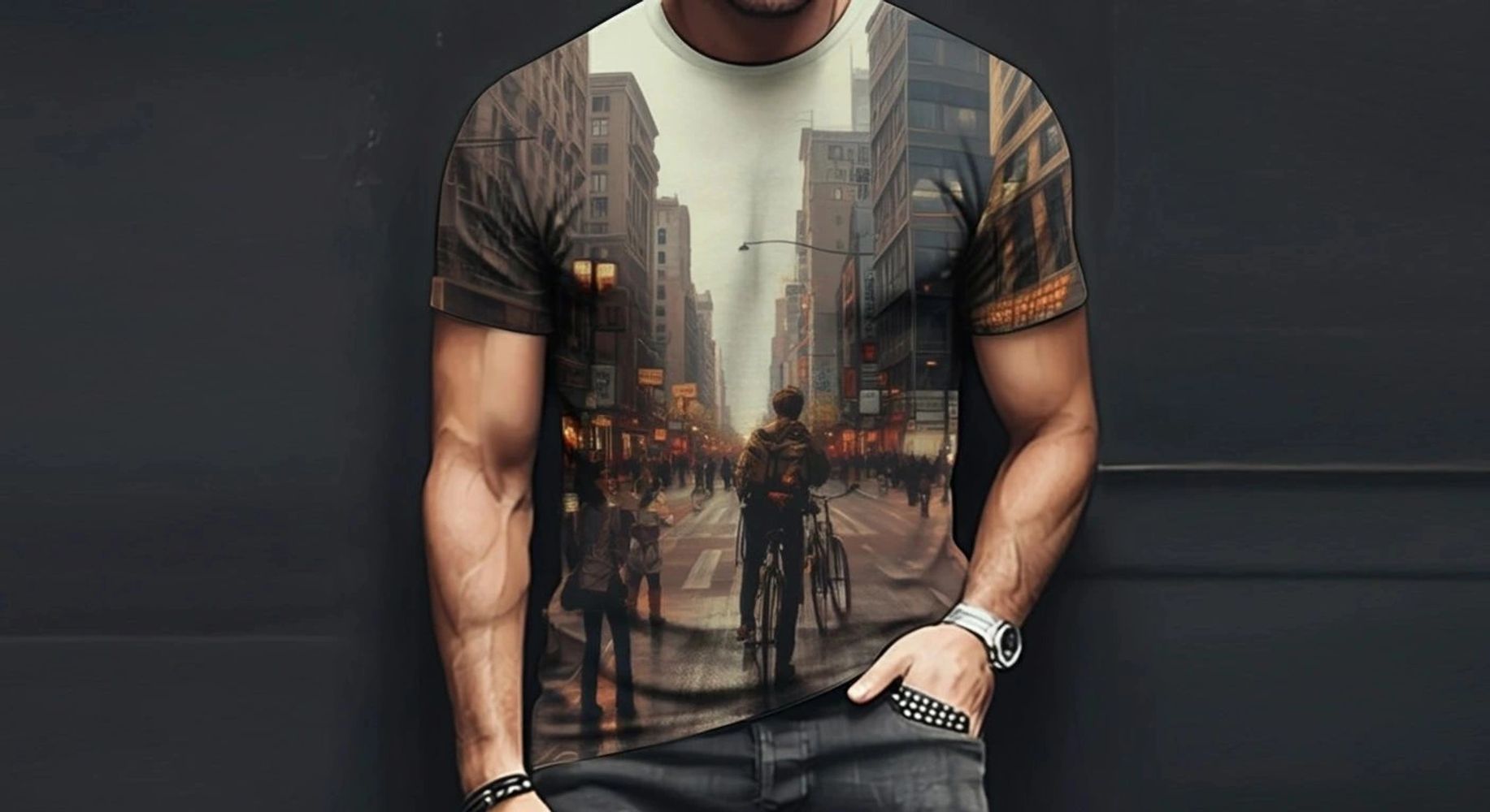 Man wearing a T-shirt with a city street and cyclist print.