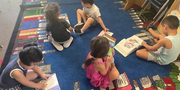 Children sitting on a colorful rug, engaged in reading books.