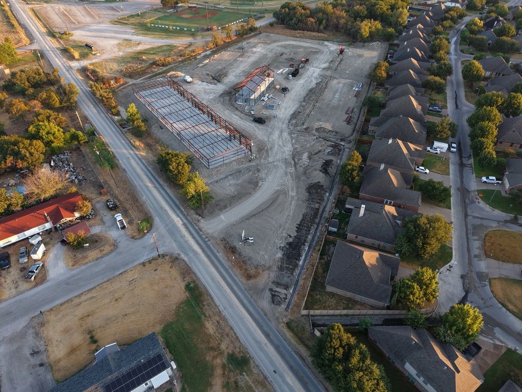 Aerial view of steel-framed buildings under construction at The Commons on Bankhead.