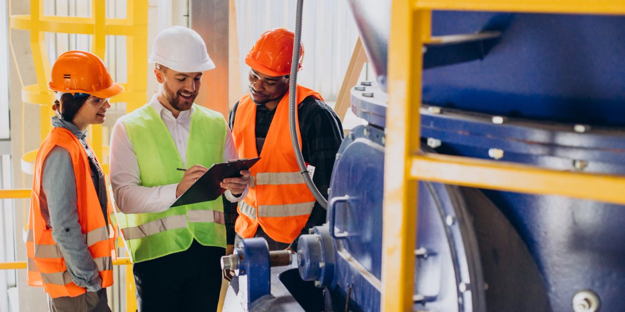 Engineers discussing plans at a factory.