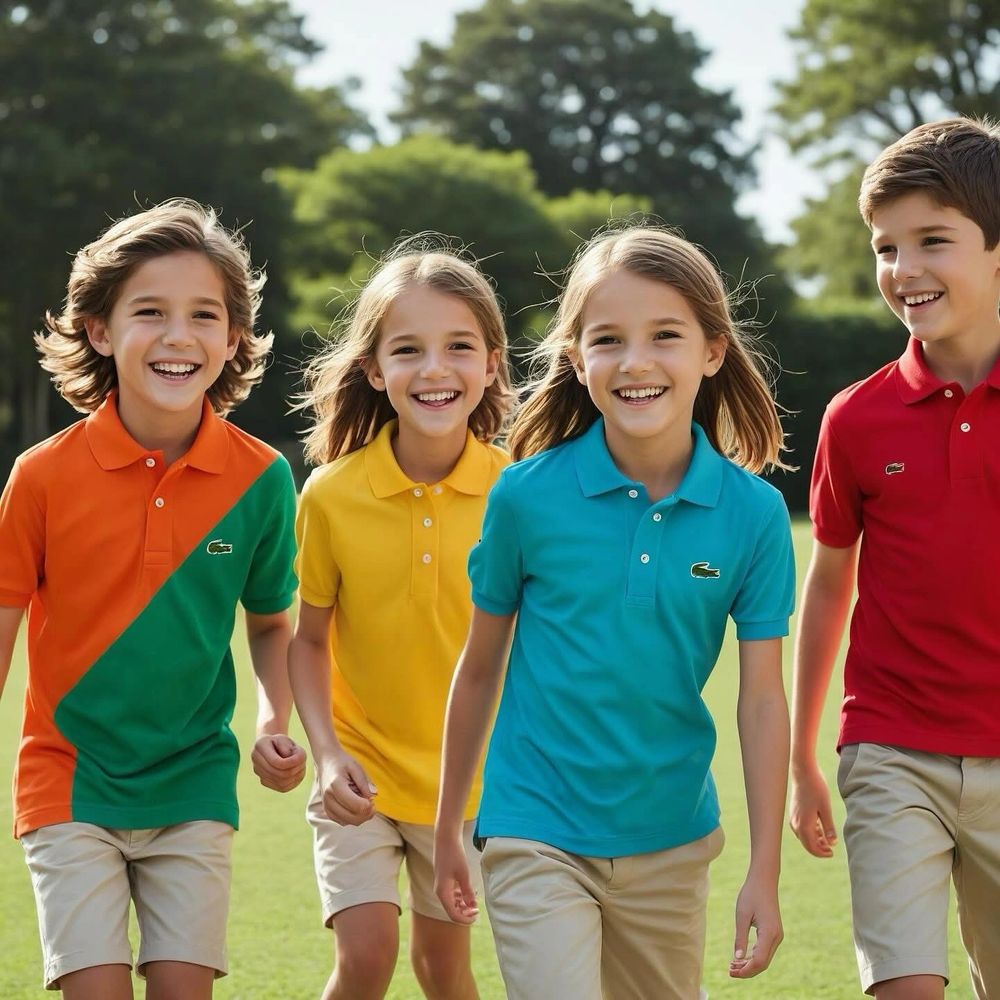 Four smiling kids in colorful polo shirts walking outdoors.