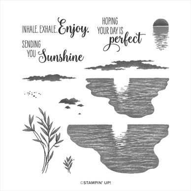 Inspirational phrases with nature-themed stamps including sun, clouds, and plants.