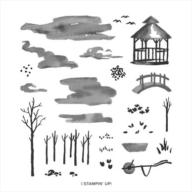 Black ink brush strokes depicting trees, clouds, birds, a gazebo, and a bridge.