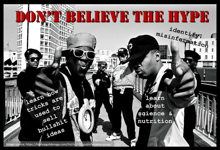 Black & white image of the rap group Public Enemy, with a red banner saying "Don't believe the hype"