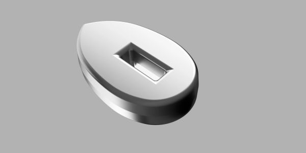 A shiny silver metallic weight with a rectangular slot.