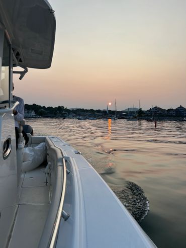 Boat cruising at sunset with calm waters and distant houses.