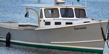 A grey and white boat named Genesis floating on calm water.
