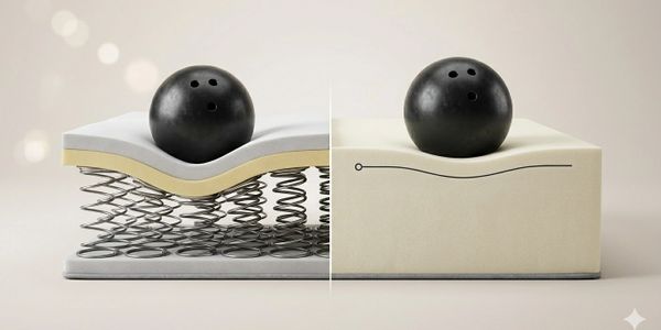 Comparison of a mattress with and without spring support, shown with a bowling ball.