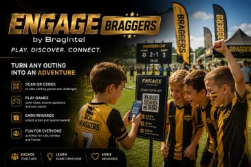 Kids scan QR codes to play games and earn rewards at Braggers soccer event.