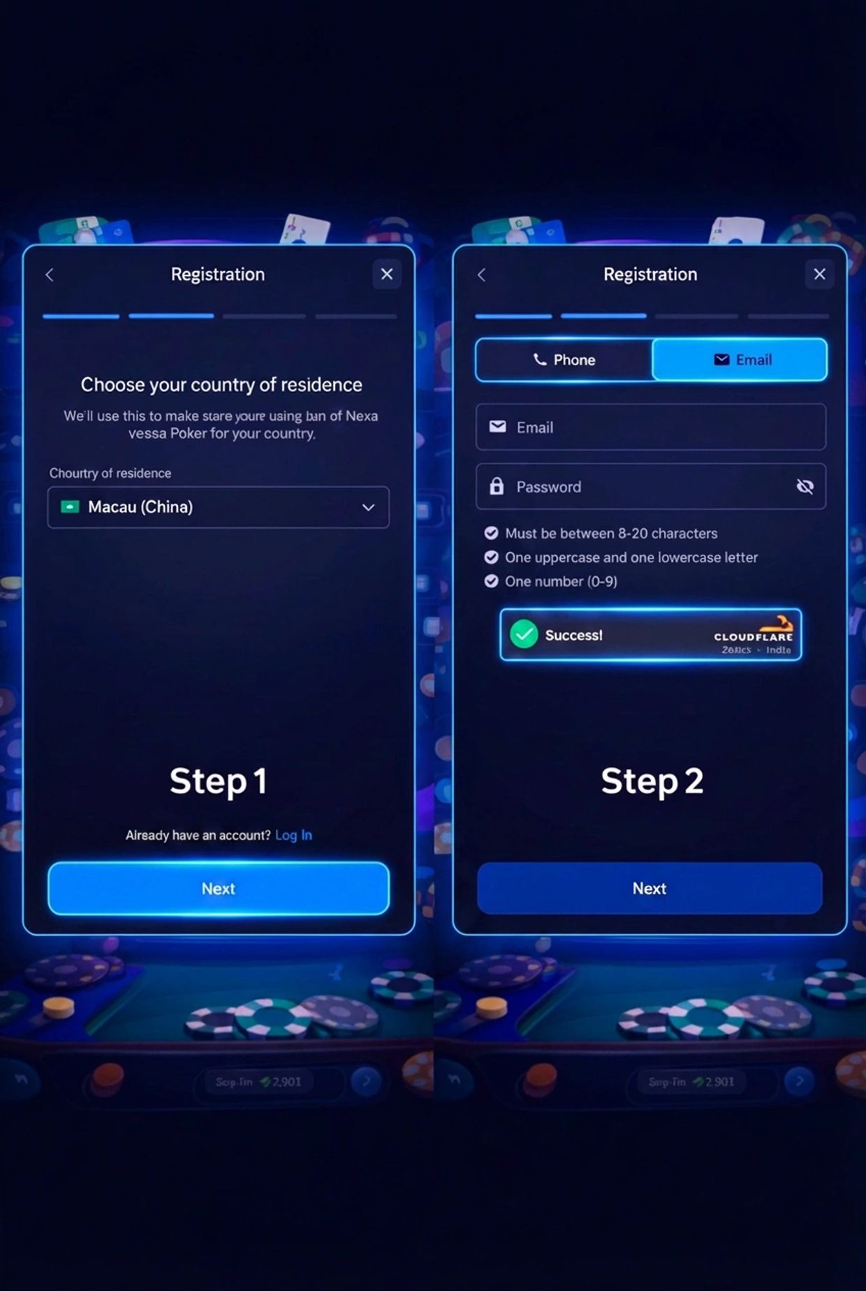 Two-step online registration screens for a poker app with country selection and email/password setup.