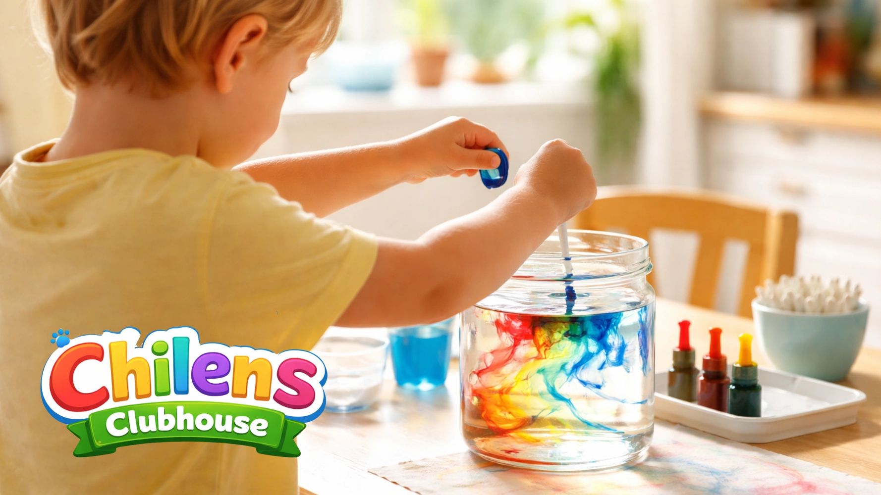 A child drops blue dye into a jar of water, creating colorful swirls.