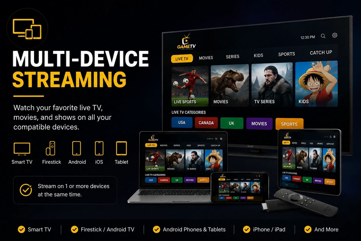 Multi-device streaming on various platforms including Smart TV and mobile devices.