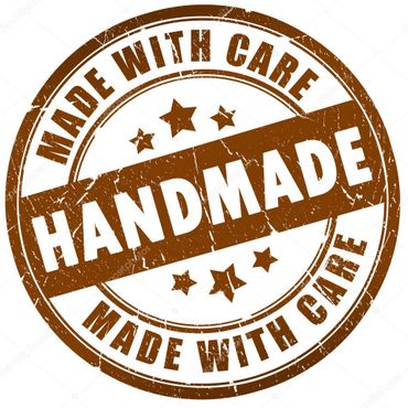 Brown circular stamp with 'HANDMADE' and 'MADE WITH CARE' text.