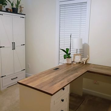 Clean, minimalist wooden desk with plants and decor.