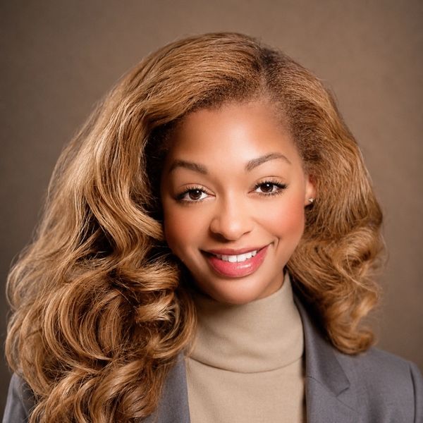 Smiling woman with voluminous curly hair and professional attire.