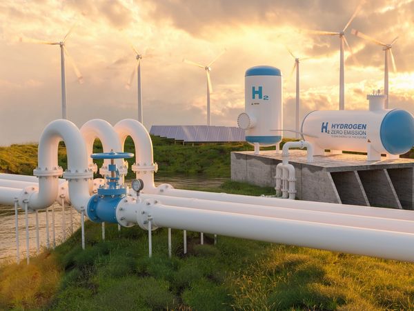 Hydrogen energy plant with wind turbines in the background.