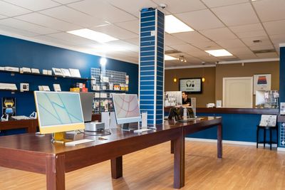 A long shot of the store with products on the display
