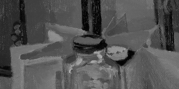 Black and white detail of a still life painting.