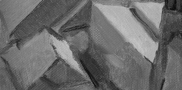 Black and white detail of a still life painting.