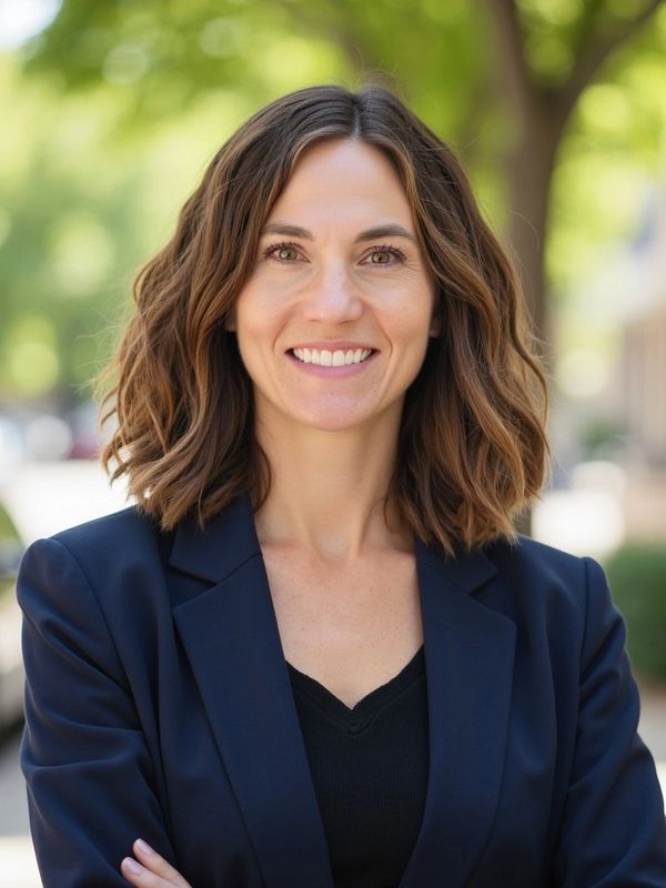 Confident woman in a navy blazer smiling outdoors.