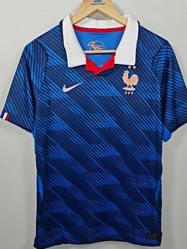 France national football team jersey with blue pattern and white collar.