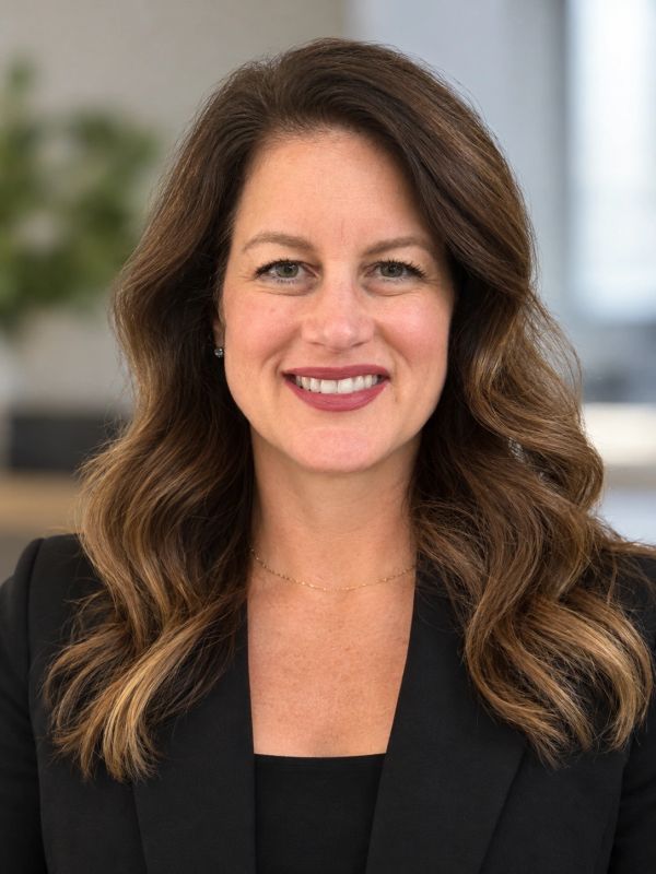 Smiling woman with wavy hair in black blazer.