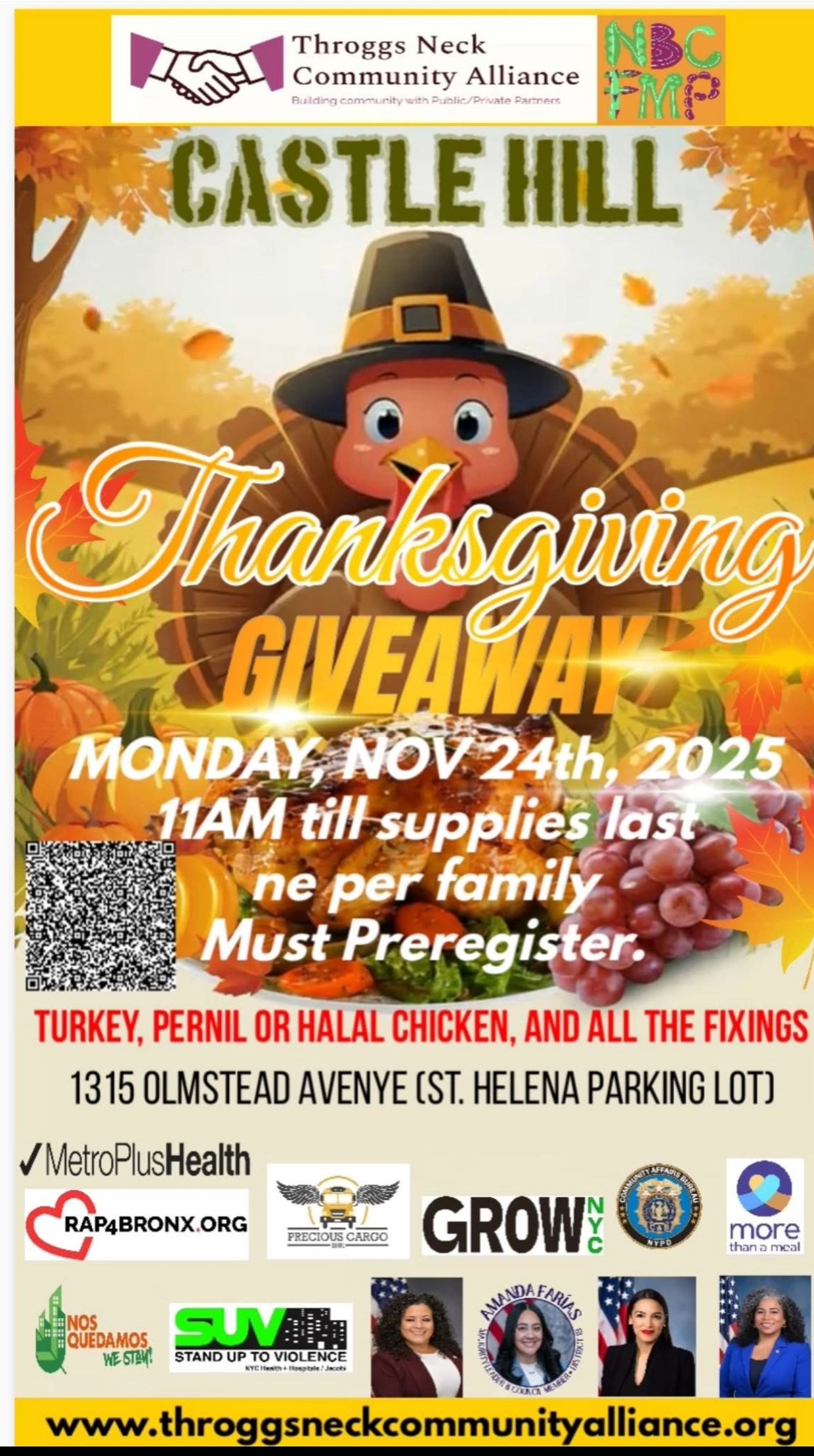 Flyer for Castle Hill Thanksgiving Drive at St Helena 1315 Olmstead Ave at 11 a.m.
