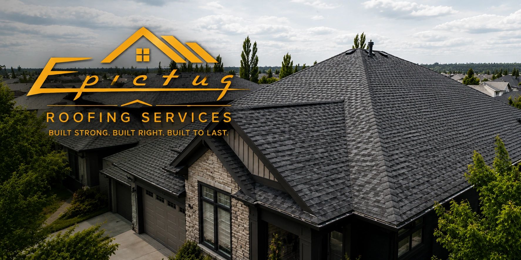 Aerial view: modern suburban home, a dark grey architectural-shingle roof. Epictus Roofing Services.