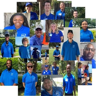 A collage of diverse USPS employees in blue uniforms outdoors and indoors.