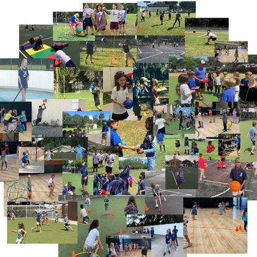 A collage showing children engaged in various outdoor and indoor sports activities.