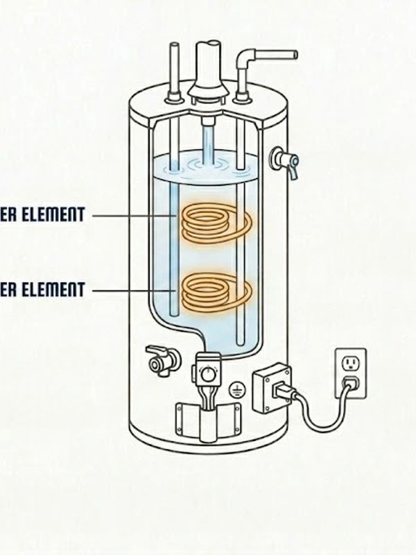 Diagram of an electric water heater showing heating elements and water inside.