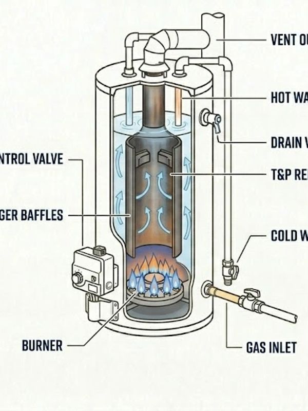 Diagram of a gas water heater showing internal components and water flow.