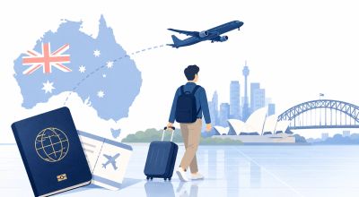 Traveler with suitcase heading to Australia with passport and ticket.