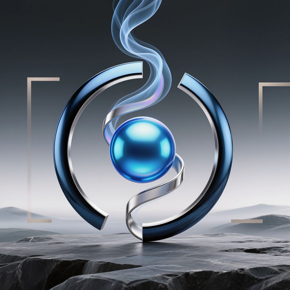 Futuristic metallic blue orb suspended within curved steel and smoke on rocky surface.
