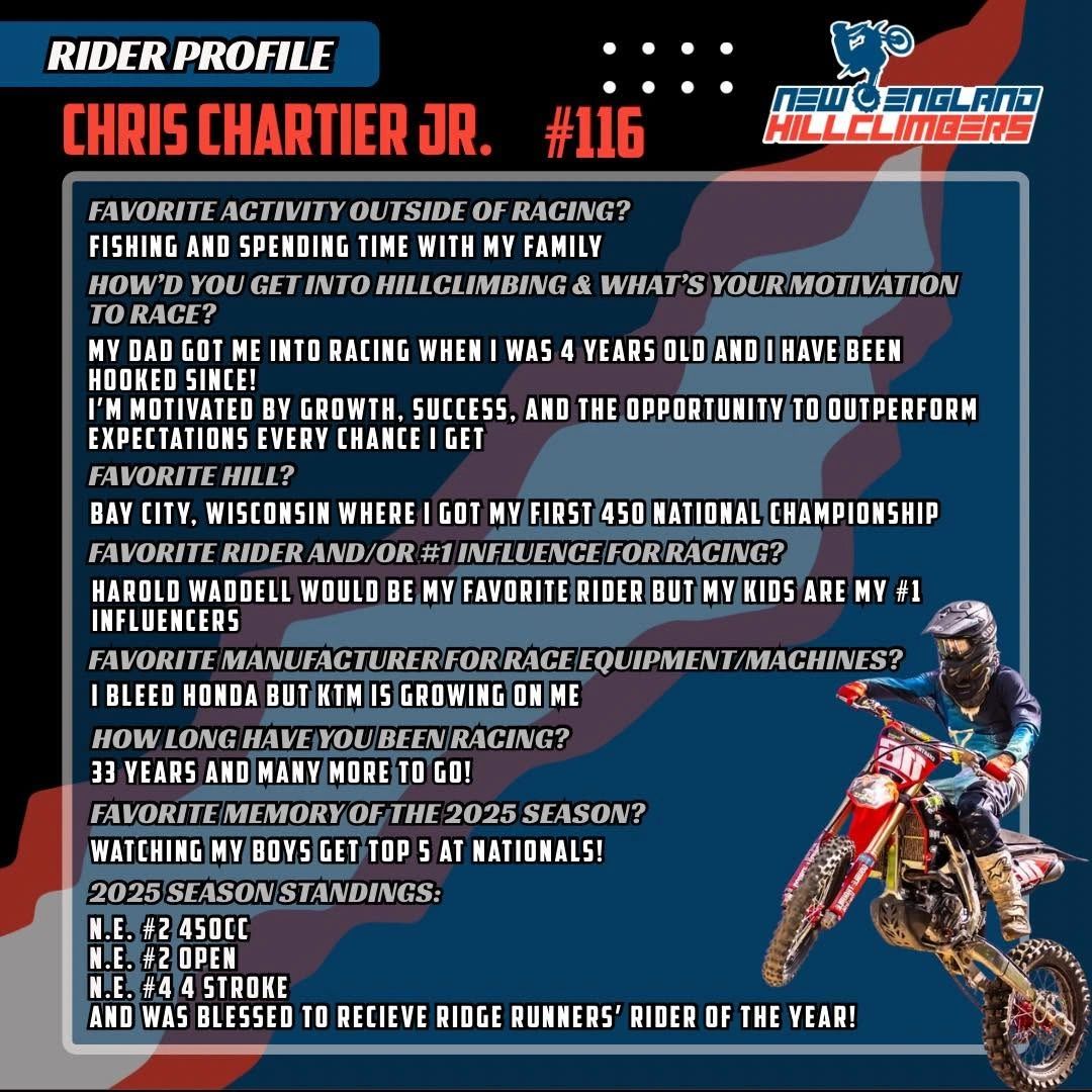 Rider Profile card for Christ Chartier Jr., #116.