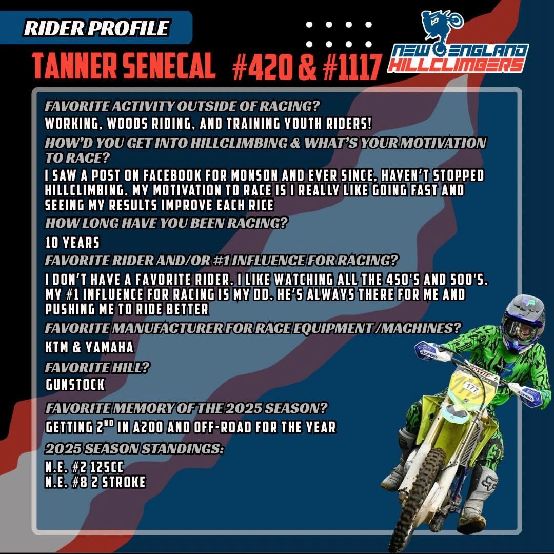 Rider Profile card for Tanner Senecal, #420 and #1117.
