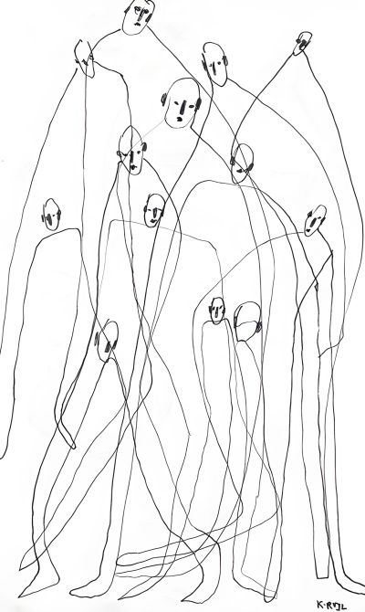 Abstract line drawing of interconnected human figures.