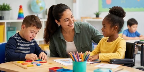 Teacher engaging children in classroom activities.